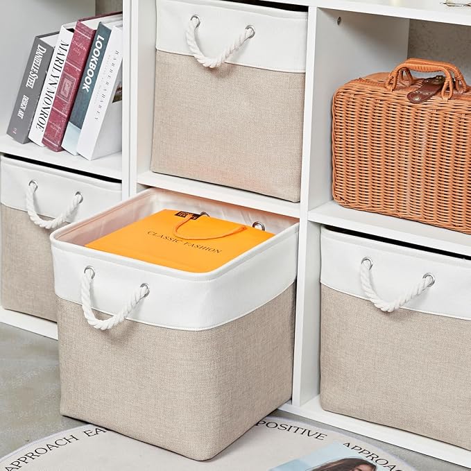 13 Inch 6 Pack Foldable Fabric Storage Basket with Handles | Home Cube Storage Basket,Large Cube Storage Bins,Closet Storage, Home Organizer(White&Beige)