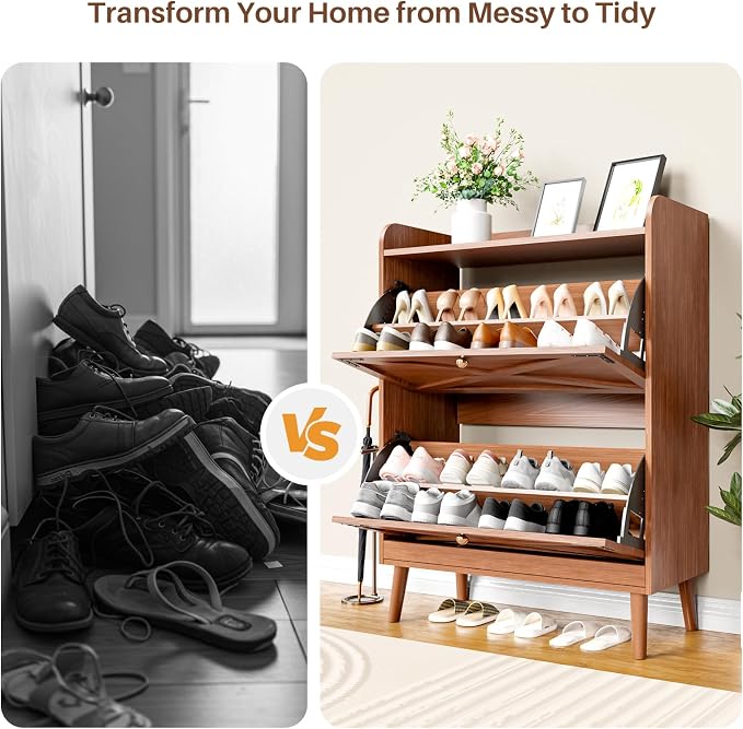 YZ HOME Shoe Storage Cabinet with 2 Flip Drawers | Entryway Shoe Cabinet, Metal Hooks & Adjustable Shelves, Freestanding Narrow Shoe Rack for Hallway Foyer, Walnut