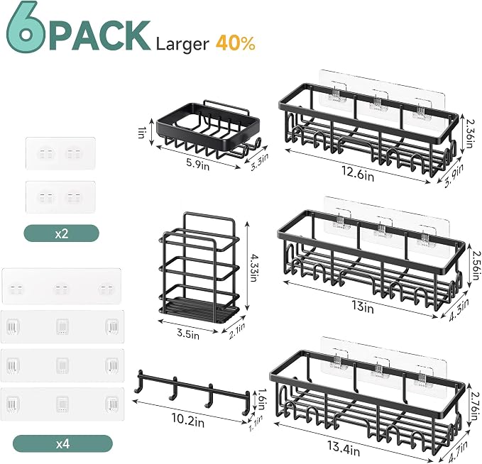 Veken Shower Caddy 6-Pack, Advanced Rustproof Design, No Drilling Adhesive Shelves, Rack with Soap Holder, Large Capacity Bathroom Organizers and Storage, Wall-Mounted Kitchen & Home Decor, Black