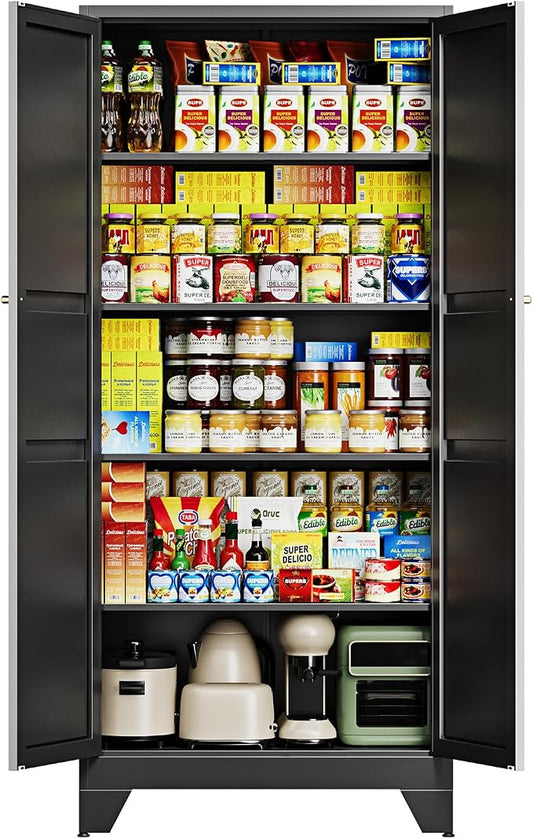 Letaya 75" H Metal Storage Cabinet with 2 Doors and 4 Shelves,Tall Kitchen Pantry Cabinets,Farmhouse Utility Pantry Organizers for Cupboard/Dining/Bathroom/Home Office/Garage Room,Black
