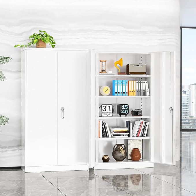 INTERGREAT White Metal Storage Cabinet Doors, 72" Locking Steel Storage Cabinet with Shelves, Tall Metal Cabinet Lockable Steel Cabinets for Home Office, Garage