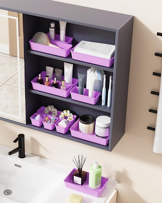 BiuLeon 25 PCS Plastic Drawer Organizers Set, 4-Sizes Vanity and Makeup Organizer, Desk and bathroom Drawer Organizer Trays, Organizers and Storage for Makeup, Jewelry, Gadgets, Utensils (Purple)