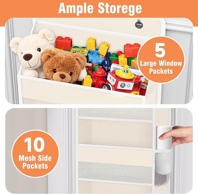 Over The Door Organizer Storage Large Capacity Hanging Bedroom Storage | 5 Shelves, 40 LB Capacity, Foldable Mesh Design, Clear Window, Sturdy, Large Storage Organizer for Nursery, Pantry & Closet