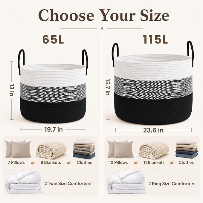 JMvicyroam 65L Extra Large Machine Washable Cotton Rope Blanket Basket | Collapsible laundry hamper, Reinforced handles, For blankets,pillows,toys and clothes, Living room and bedroom,White&BlackMix