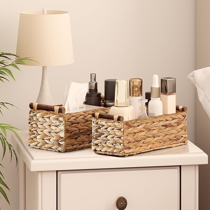 Vagusicc Wicker Storage Basket, Set of 2 Hand-Woven Water Hyacinth Wicker Basket for Organizing with Handle Decorative Storage Bins for Counter Pantry Shelves Toilet Paper Basket for Toilet Tank Top