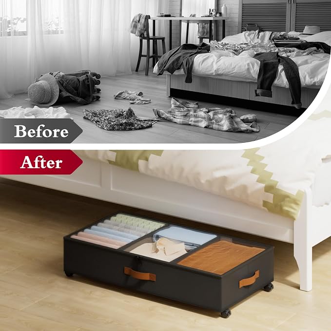 Yecaye Under Bed Storage with Wheels, 2 Pack Under Bed Storage Containers with Adjustable Dividers & Clear Window, Rolling Underbed Organizer Bins Drawers for Clothes, Shoes, Blankets, Black