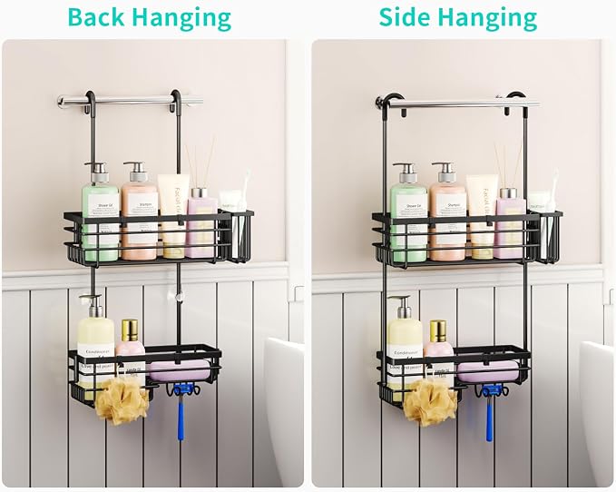 HapiRm Hanging Shower Caddy – For Renters & Small Bathrooms, Fits Shower Curtain Rods, No Drilling, 2 Rustproof 304 Shelves, 4 Hooks, and a Detachable Toothbrush Holder You Can Rinse - Black