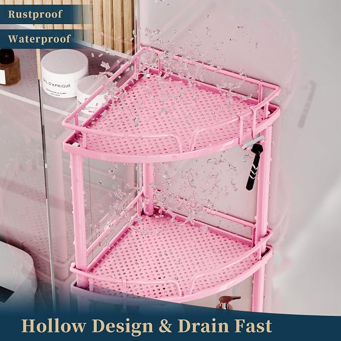 Consumest Corner Shower Caddy Stand - 3 Tier Shower Organizer with Soap Holder, Tall Floor Corner Shelf Standing with Adjustable Feet & 4 Hooks, Storage Rack for Bathroom Pink
