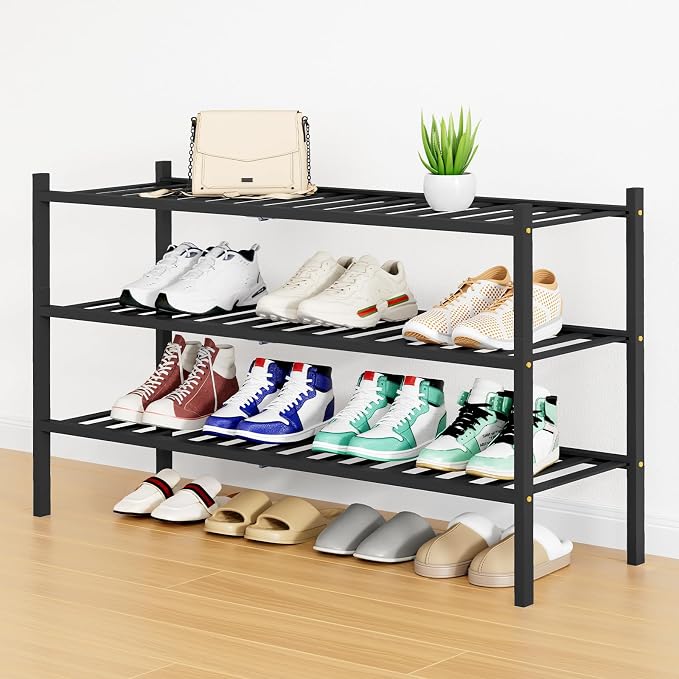Smiry Bamboo Shoe Rack, 12 Vertical Slats, 3 Tier - 33.7" Wide, Black | Stackable Free Standing Wooden Shoe Organizer, Wood Shoe Storage Shelf for Closet, Entryway