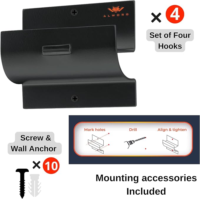 Ladder Hanger Set of 4 for Garage Wall - Black Heavy Duty Utility Hook | Wall Mount Step Ladder Storage, Versatile Tool Holder To Maximize Space In Shed, Workshop, Hang Wheelbarrow, Folding Chair