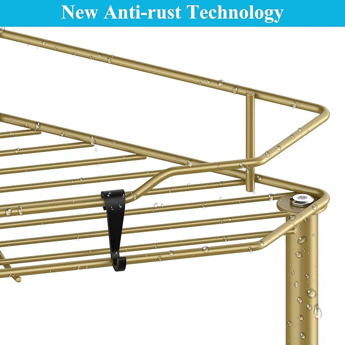 HuggieGems 5 Tier Floor Standing Corner Shower Caddy Organizer Shelf with Hooks, Bathroom Shelves Stand Rack, Gold