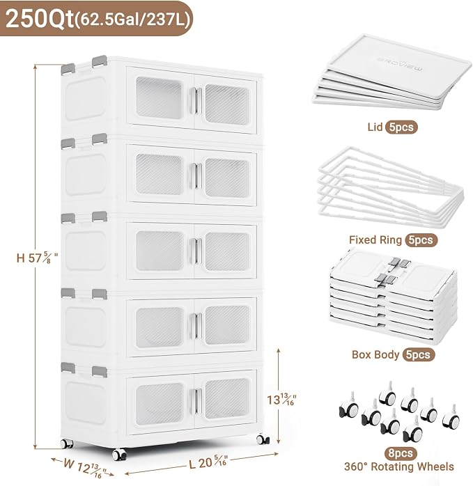 BROVIEW 250 Qt/62.5 Gal Stackable Storage Bins with Lids, 5 Pack, White | Small Stackable Storage Boxes w/ 5 Lid Folding Plastic Cart Organizer for Home Kitchen, Open Front Clear Door with Wheels