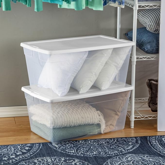 Sterilite Storage Box, Stackable Clear Plastic Bins, 90 Quart, 8-Pack | Heavy-Duty Organizing Containers with Snap-On Lids for Closet, Bathroom, and Office