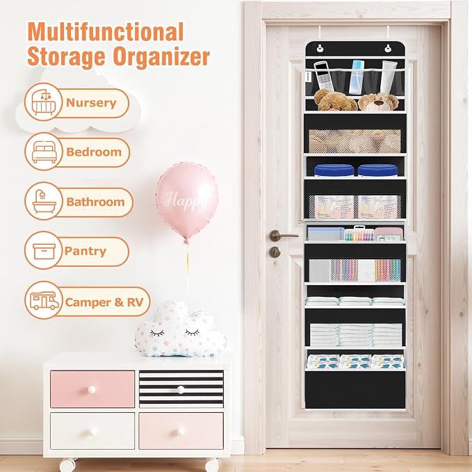 Over The Door Organizer Storage Large Capacity Hanging Bedroom Storage | 6 Shelves, Detachable, 40 LB Capacity, Mesh Design, Clear Window, Sturdy, Storage Organizer for Nursery, Pantry & Closet