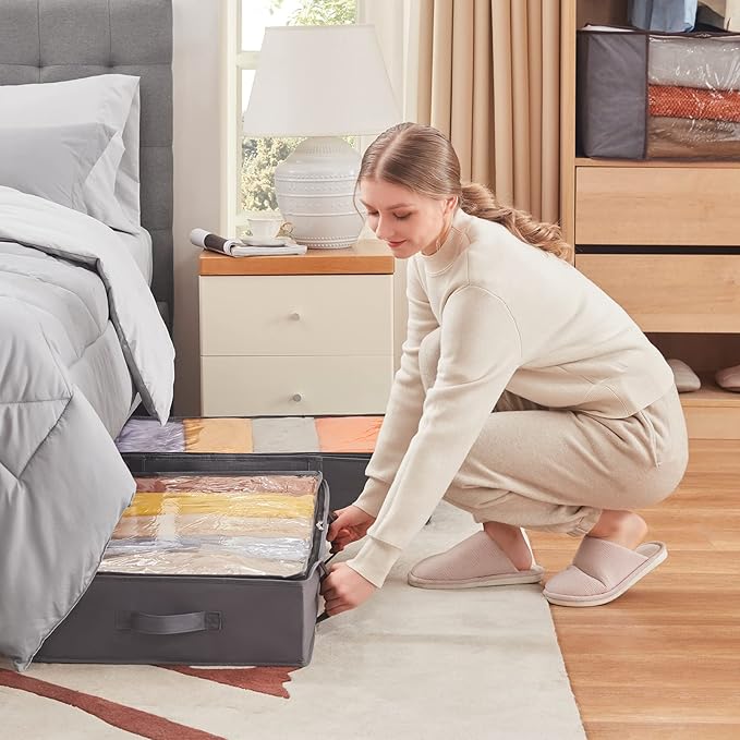 Lifewit 4 Pack UnderBed Storage Bags with Lid, Clothes Storage Boxes Foldable Under bed Storage Organizer with Reinforced Handle Thick Fabric Clear Window for Clothes Blankets Shoes, 65L, Grey