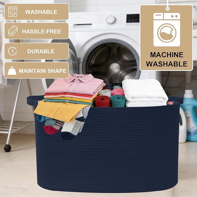 96L Extra Large Navy Cotton Rope Laundry Basket with Sturdy Handle | 24x16x15 Foldable Rectangular Blanket Basket for Toys, Clothes & Pillows,Ideal for Nursery, Bathroom, Bedroom, Living Room