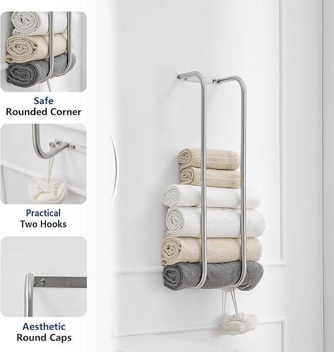 BWE Brushed Nickel Towel Racks for Bathroom Wall Mounted for Rolled Towels | Bathroom Towel Rack Storage Stainless Steel Vertical Towel Holder Bathroom Organizer Space Saving for Bedrooms Hotels