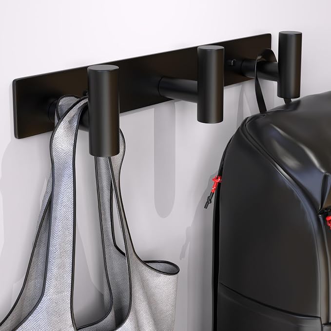 Coat Rack Wall Mounted-3 Hooks,Heavy Duty Stainless Steel Wall Hooks for Towel Coat Bag, Hat Rack Coat Hanger Coat Hooks Towel Racks for Bathroom Entryway Kitchen Hotel Office (Black, 2 Packs)