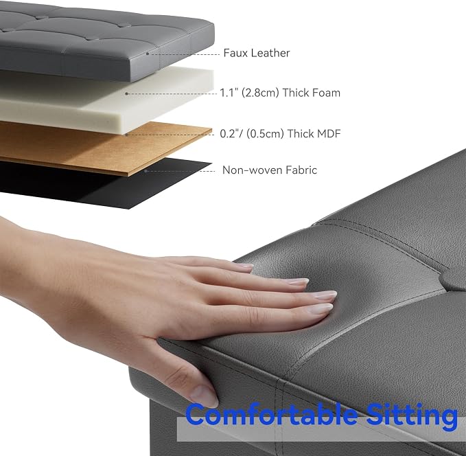 BRIAN & DANY 30 Inches Storage Ottoman Bench, Faux Leather Ottoman with Storage, Folding Bench Shoe, Foot Rest Stool, for Living Room, Gray