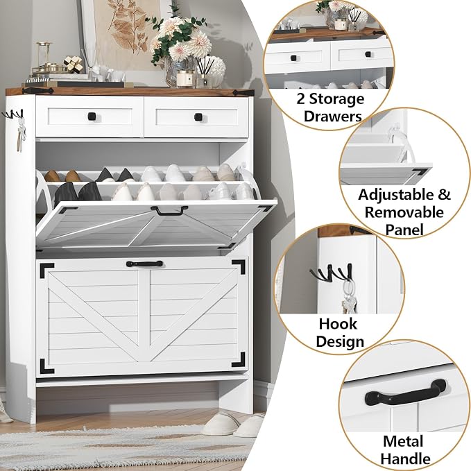 Shoe Cabinet with 2 Flip Drawers and Deodorizing Function, Hidden Shoe Storage Cabinet with 2 Pull-out Drawers, Farmhouse Shoe Organizer for Entryway, Narrow Shoe Rack for Front Door Entrance, White