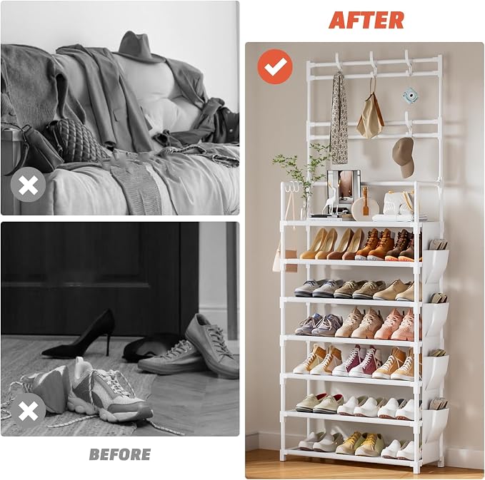 Shoe Rack 7 Tier Shoe Organizer Storage 21-28 Pairs | Closet Shoes Rack for Front Door Entrance Shoe Rack Organizer with Hooks Side Pocket Entryway Large Capacity Shoe Shelf Tower