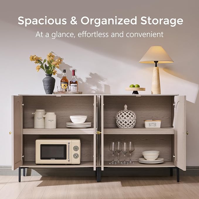 IFGET 92.63"W Modern Arch Sideboard Buffet Cabinet with Storage, Light Grey | Fluted Arched Sideboard Cabinet w/Adjustable Shelves, Wood Modular Kitchen Cabinet for Dining& Living Room, Kitchen, Entryway