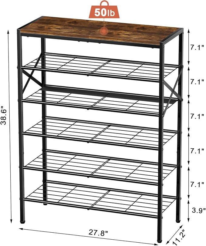 6 Tier Metal Shoe Rack with Wood Top, 18-24 Pairs Rustic Brown | Compact 38.6in tall fits entryway. Iron sheet for heels. Removable layer for tall boots. Multi-use display top.