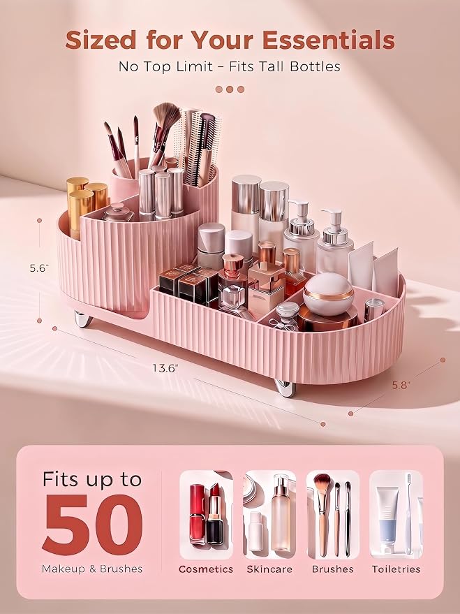 Booklov Rotating Makeup Organizer for Vanity Countertop, Pink | Plastic Cosmetic Display Case, Large Beauty Brush Holder for Bathroom Counter, Skin Care Perfumes Storage