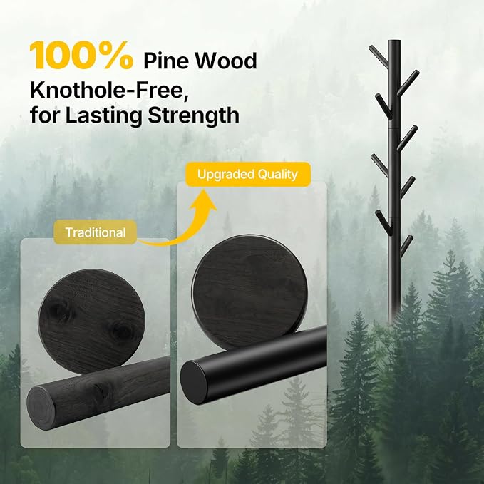 AMADA Solid Wooden Coat Rack Freestanding with 8 Hooks, Black | 100% solid wood, 3 height options, widened base for stability, tool-free assembly, smooth rods & hooks prevent clothing snags