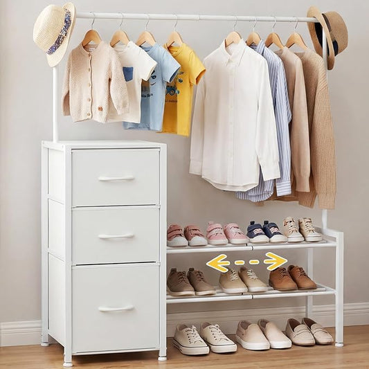 Tall Closet Organizer Dresser 47.2" H x 39.7" W，with Extendable Clothes Hanging Rack & Shoe Rack，3 Fabric Drawers Chest of Drawers,Bedroom, Living Room，Sturdy Frame Easy to Install