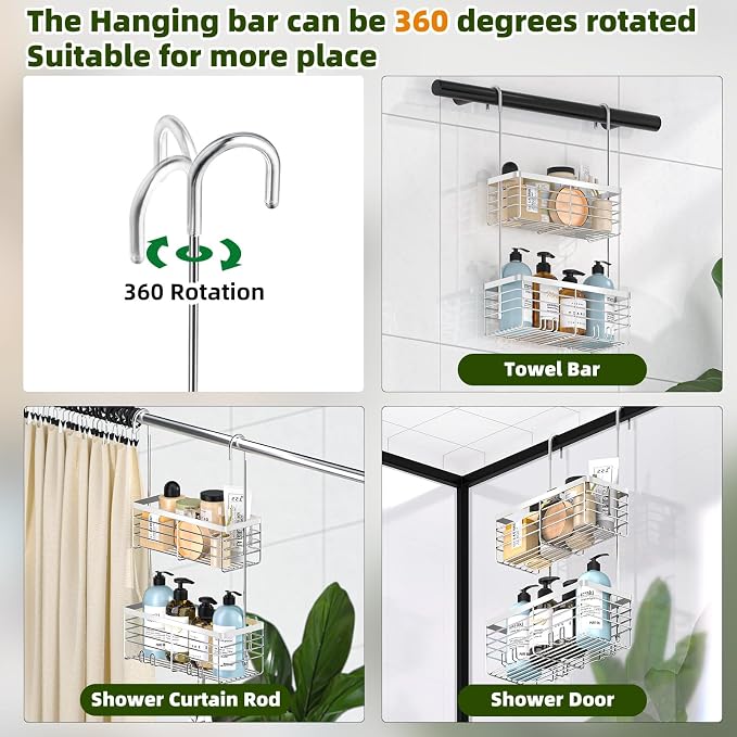 YUOROS 2 Tier Shower Caddy Hanging Over the Door (Silver) | Shower Organizer Rack 304 Stainless Steel Rustproof Bathroom Storage Shampoo Holder Basket