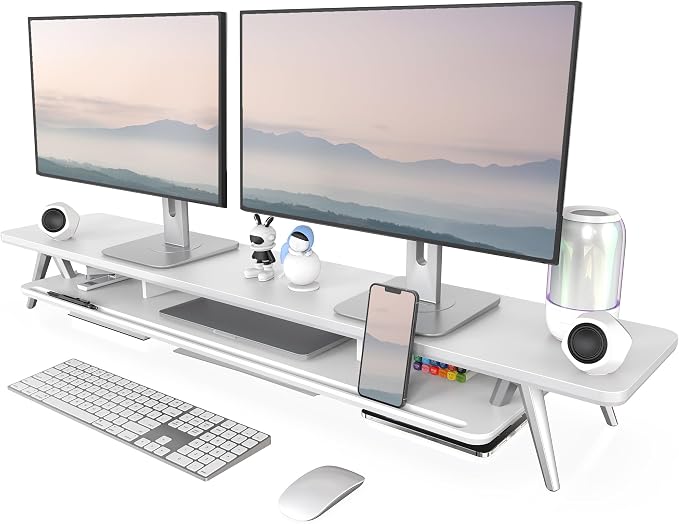 Fenge Dual Monitor Stand Riser, Wooden Desk Shelf with 2-Tier Storage | 47.2-Inch Extra Wide, Sturdy Aluminum Legs, Built-In Phone & Tablet Slot, Desktop Organizer for Office Accessories