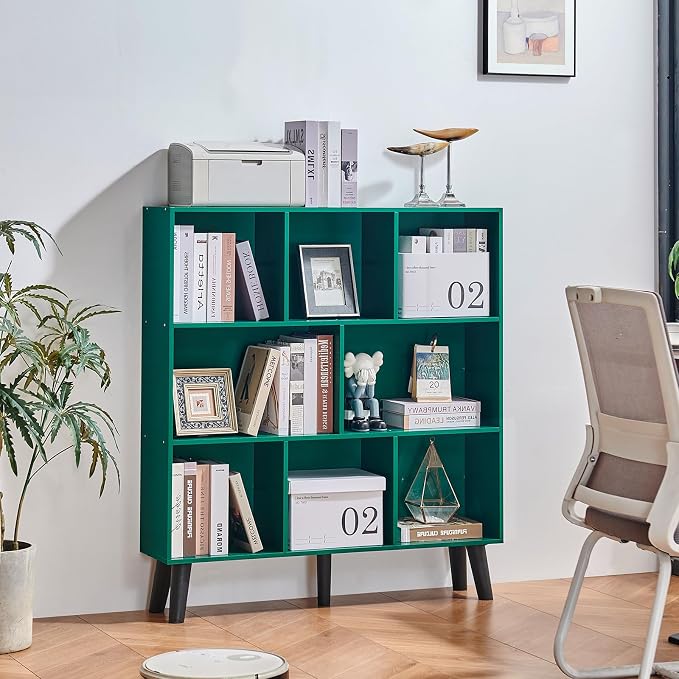LEYAOYAO 8 Cube Bookshelf,Mid-Century Modern Bookcase with Legs,Dark Green | 3 Tier Book Shelf,Rustic Wood Bookshelves Freestanding Large Storage Organizer, Open Shelves for Bedroom, Living Room, Office