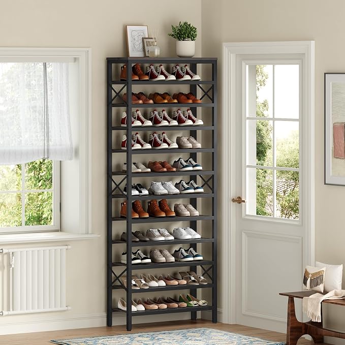 12-Tier Tall Shoe Rack Organizer, Wooden Shoe Storage for Closet Holds 48 Pairs, Sturdy Shoe Shelf with X-Shaped Metal Support, for Entryway, Bedroom, Charcoal and Black SS212BC