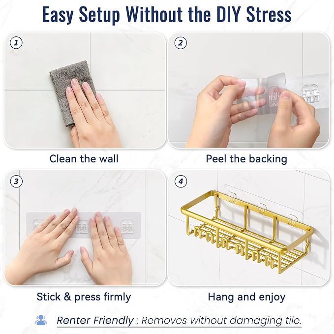 8 Pack Adhesive Rustproof Shower Caddy with Soap Dishes, Toothbrush Holder & Hooks, Large Capacity No-Drilling Shower Shelves Rack for Bathroom Organizers and Storage Accessories, Gold