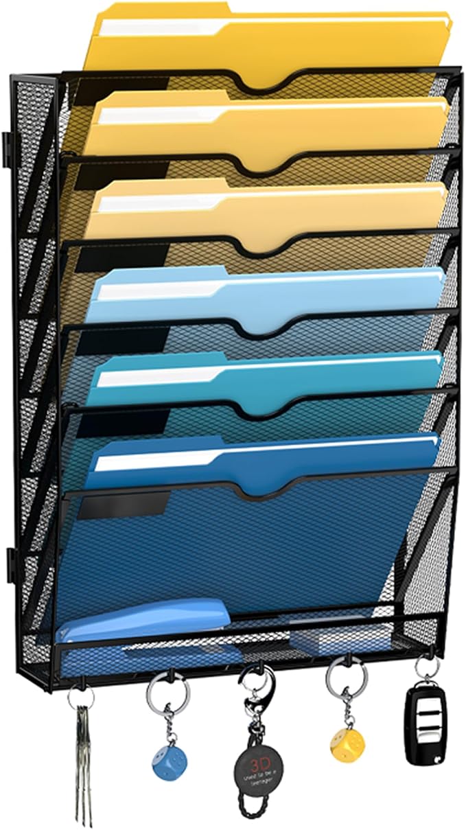7-Tier Hanging Wall File Organizer with Hooks for Office Organization | Mesh Wall File Holder, Mail Organizer Wall Mounted for Papers, Documents, Folders and Magazines in Home Office, Classroom