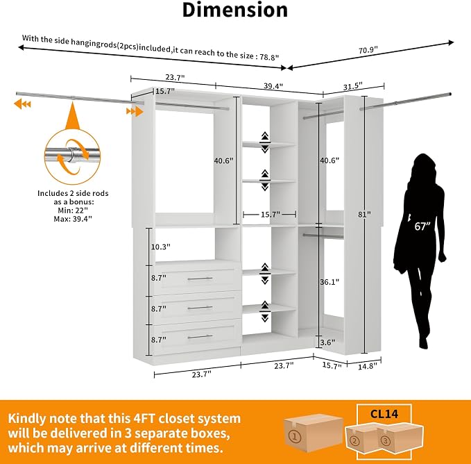 Closet System with 3 Drawers, Corner Closet Organizer Systems with 7 Shelves & 5 Hanging Rods L-Shaped Walk in Closet Freestanding Corner Tower Modular Storage System 2 Sets 1400+ Lbs Capacity White