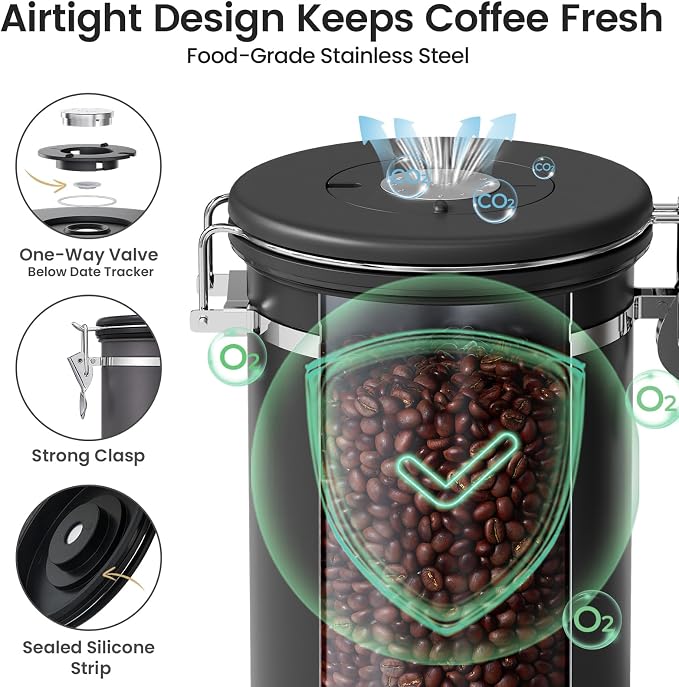 Veken Coffee Canister with Window, Airtight Stainless Steel Container, 22OZ | Kitchen Food Storage Organizers for Beans,Ground,Espresso,Rice,Tea,Sugar,Bar Accessories,Gifts,Jars, Scoop,Black