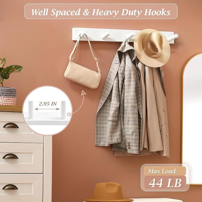 Coat Rack Wall Mount, Wooden Coat Hanger, White, 1 Pcs | Heavy Duty, 5 Sturdy Rounded Hooks, Bamboo Wood Material, for Entryway, Doorway, Living Room, Kid's room, Living Room, Closet