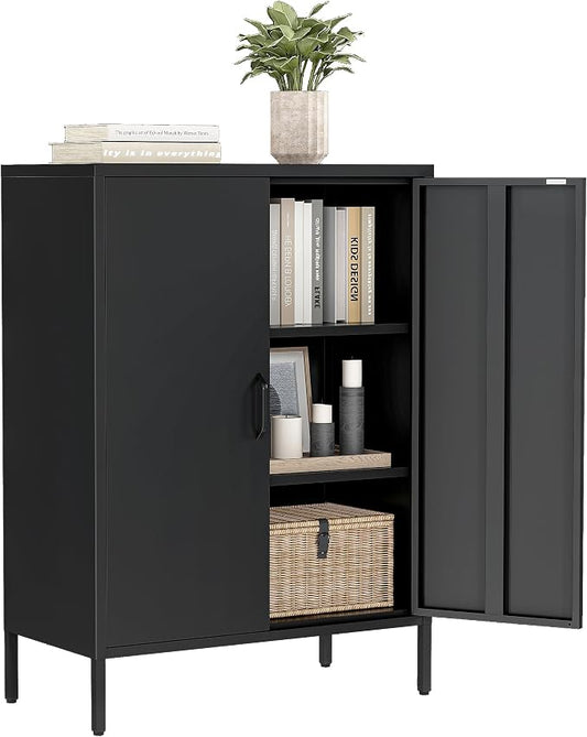 Bevivog Metal Locker Storage Cabinet, Home Office Metal Storage Cabinet Small Sideboard with 2 Doors and 2 Adjustable Shelves,40" Counter Cabinets for Office Garage Bathroom Living Room Hallway