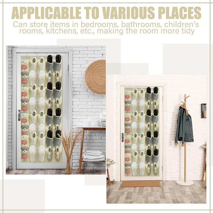 Windyun 40 Pocket Over The Door Shoe Organizer, Large Breathable Mesh Hanging Shoe Rack for Closet, Space Saving Shoes Storage Holder Hanger for Dorm Room Bathroom Bedroom Entryway(Beige)
