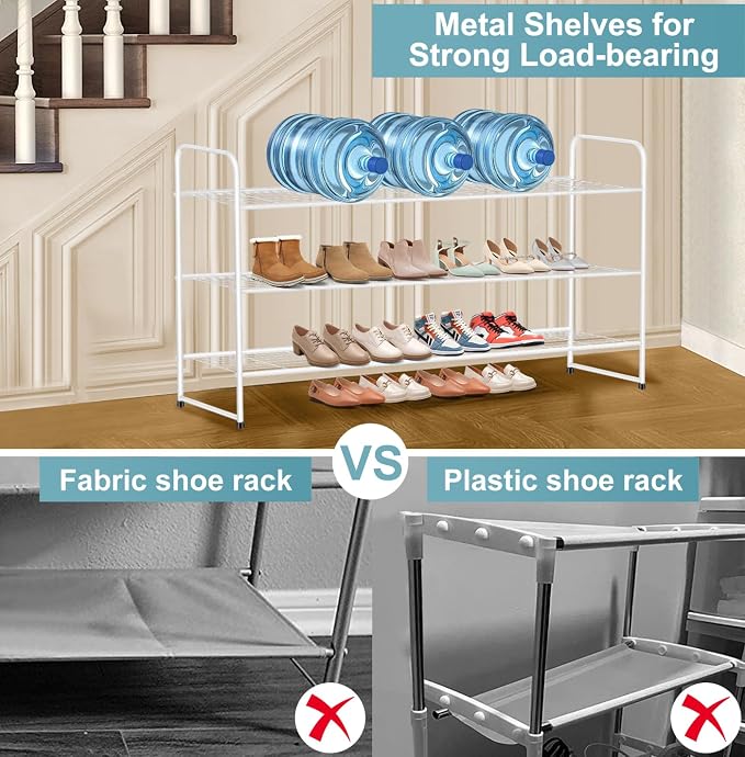 AOODA Long 3 Tier Metal Shoe Rack for Closet Wide Stackable Shoe Storage Organizer for Entryway, Bedroom, Floor, 24-Pairs Men Sneakers Boot Shelf with Wire Grid, White