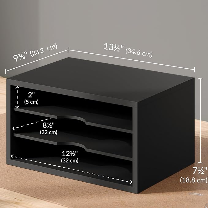 Ballucci File Organizer, 3-Tier Document Paper Sorter, Stackable Wood Desk Organizer, Mail Sorter and Monitor Stand with Storage Shelves, Black