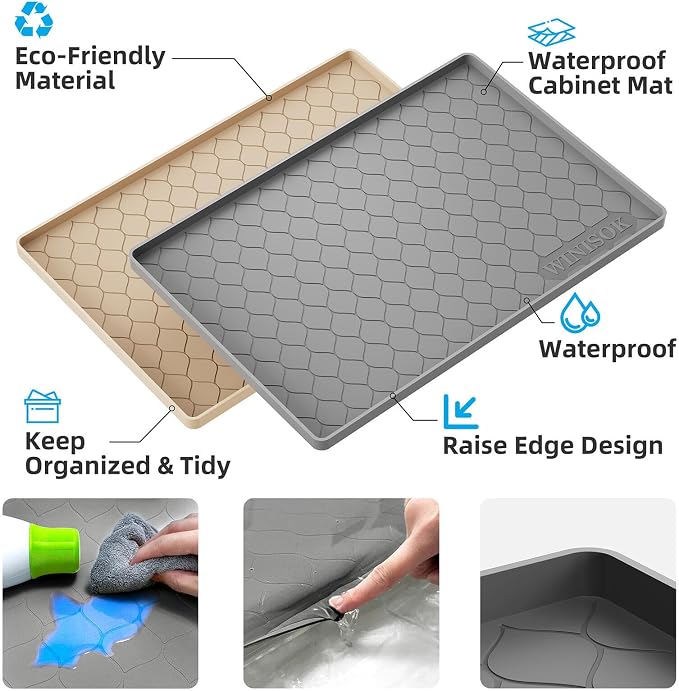 Winisok Waterproof Under Sink Mat 28" x 19", Silicone Mat, Black | Raised Edge Traps Spills & Leaks, Shelf Liner, Cabinet Protector, for Kitchen, Bathroom, Boots, Pets, Home Essentials