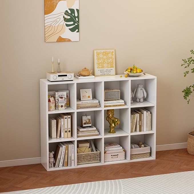 OSCHF 12-Cube Storage Shelf Bookcase, Warm White | Wooden 3-Tier Open Bookshelf, Fits 11×11" Bins, Vertical or Horizontal Use, Full Back Panels, For Home Office