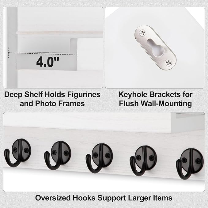 Lwenki Key Holder Wall Mount, Entryway Key and Mail Holder with 7 Sturdy Hooks for Sunglasses, Dog Leash, Decorative Wall Shelf with Mounting Hardware, 15”W x 6.7”H x 4.2”D (White)