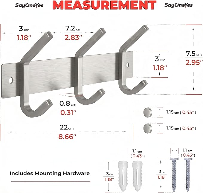 Small Coat Rack Wall Mount – Brushed Nickel 9 Inch Stainless Steel Hook Rail with 3 Heavy Duty Double Coat Hooks – Wall Mounted Coat Hanger for Entryway, Bathroom, Bedroom, Towel, Hat Organizer