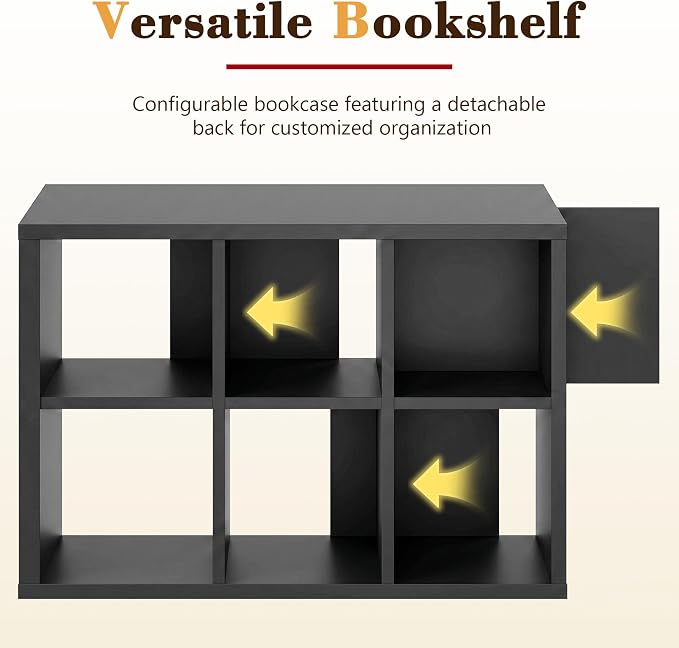 6 Cube Storage Organizer, Black Cube Bookshelf, Multifunctional Bookcase | 3-Tier Floor Standing Open Bookshelf with Removable Back Panels, Display Cabinet for Study Dining Room Home Office Bedroom