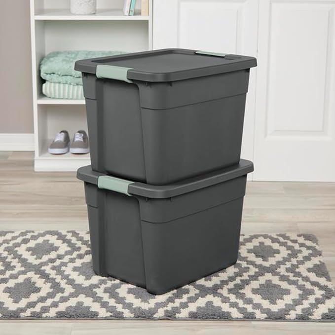 Sterilite 24 Pack Latch Tote, Stackable Plastic Storage Container, 12 Gallon, Gray/Green