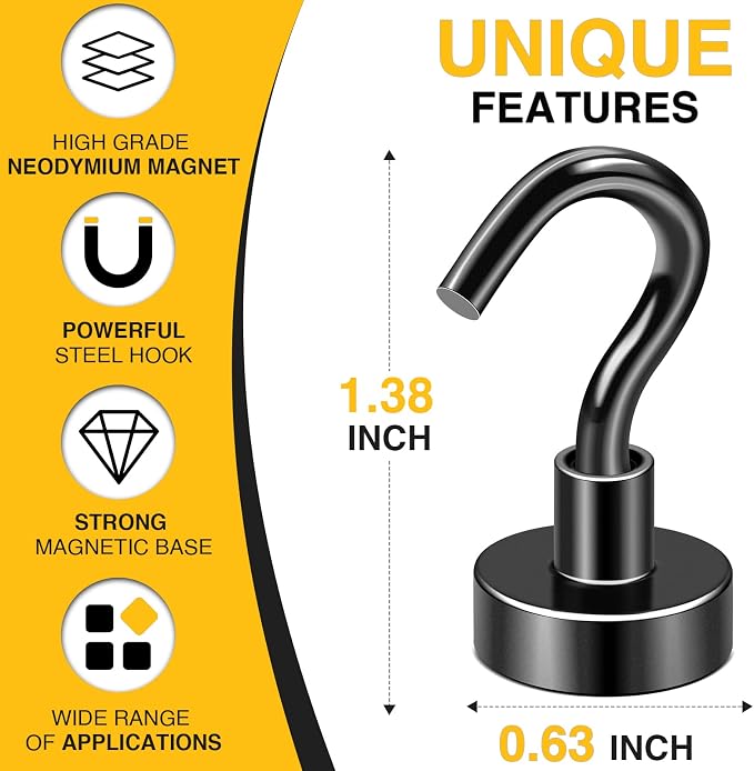 DIYMAG Magnetic Hooks 45pcs 30lbs Cruise Essentials 2026 Magnet Hook Black | Neodymium Heavy Duty Strong Magnets Hanging Ship Cabins Refrigerator Fridge Classroom Beach Vacation Kitchen Grills Home Tool